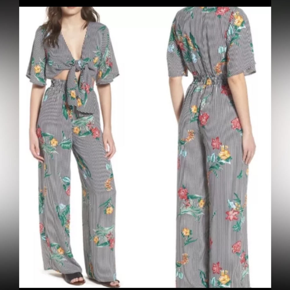 Socialite Tropical Floral Striped Wide Leg Jumpsuit Medium